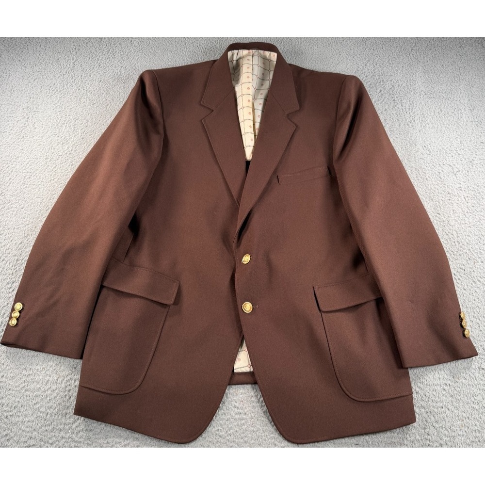 Vintage Sears Perma Prest Classic Blazer Mens 46R Brown Jacket Gold Buttons